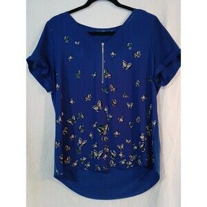 Apt. 9 Womens Blouse Size Large Blue Butterfly Print Popover Zipper Short Sleeve